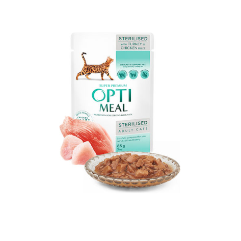 OptiMeal Sterilised Υγρή Τροφή για Ενήλικες Στειρωμένες Γάτες με Γαλοπούλα / Κοτόπουλο 85gr