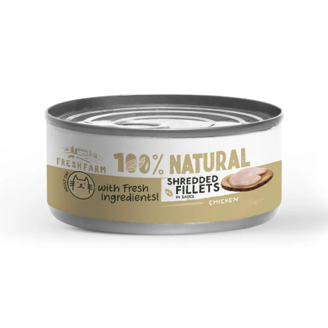 Fresh Farm 100% Natural τεμαχισμένα φιλέτα κοτόπουλου σε σάλτσα Can 70gr