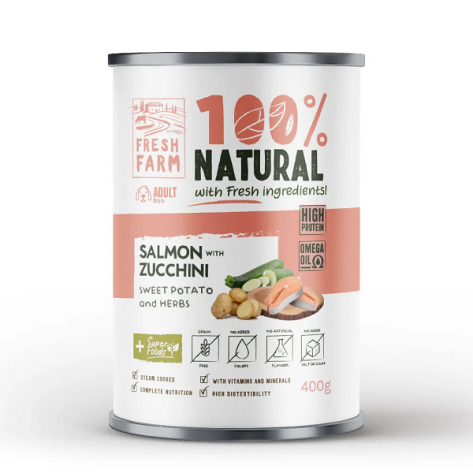 Fresh Farm 100% Natural χονδροκομμένο Πατέ με σολομό, κολοκύθι, γλυκοπατάτα και βότανα Can 400gr