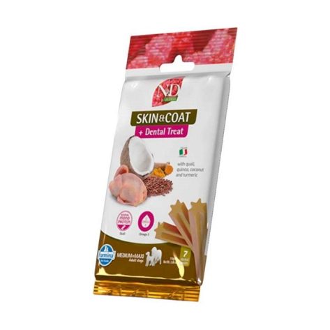 N&D Quinoa Λιχουδιά Σκύλου Dental Treat Adult Skin & Coat Quail Medium and Large 110gr (7 Sticks)