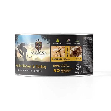 Ambrosia Υγρή Τροφή Γάτας Kitten Chicken & Turkey with Pears 195gr